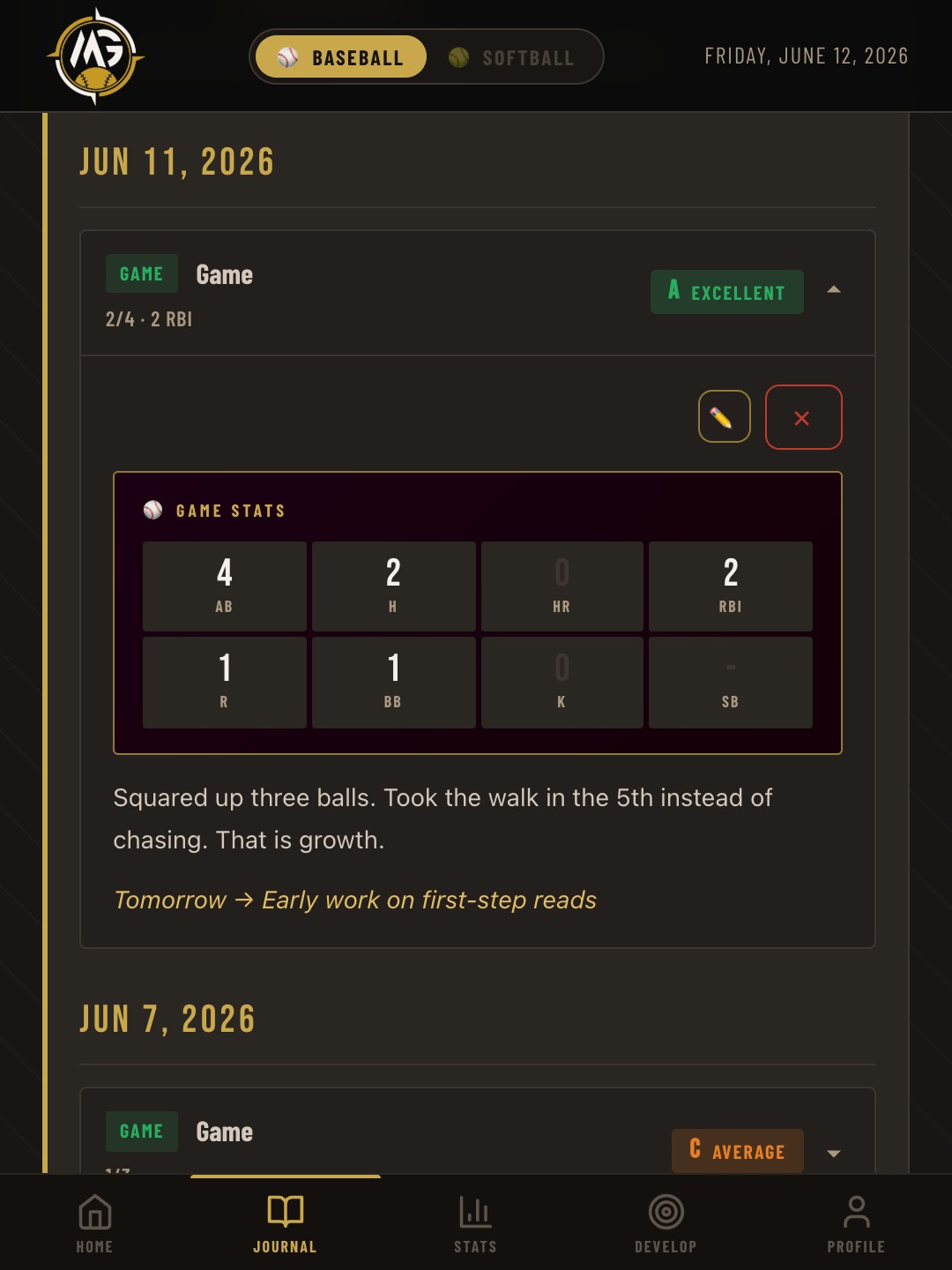 MyGrind game journal entry with a game stats grid, an honest A self-grade, what happened, and a goal for tomorrow