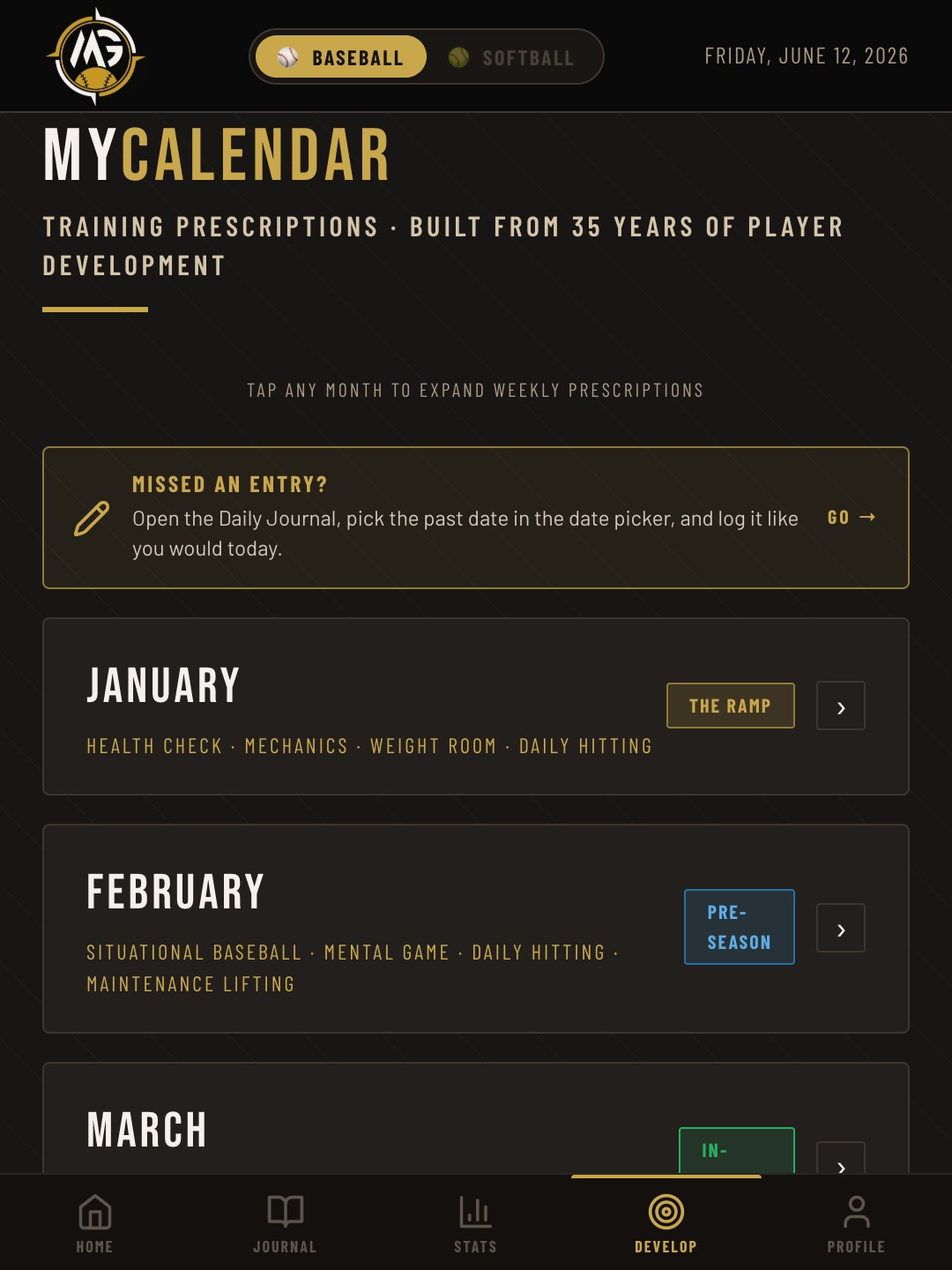 MyGrind 12-month training calendar with monthly focus areas and phase badges like The Ramp and Pre-Season