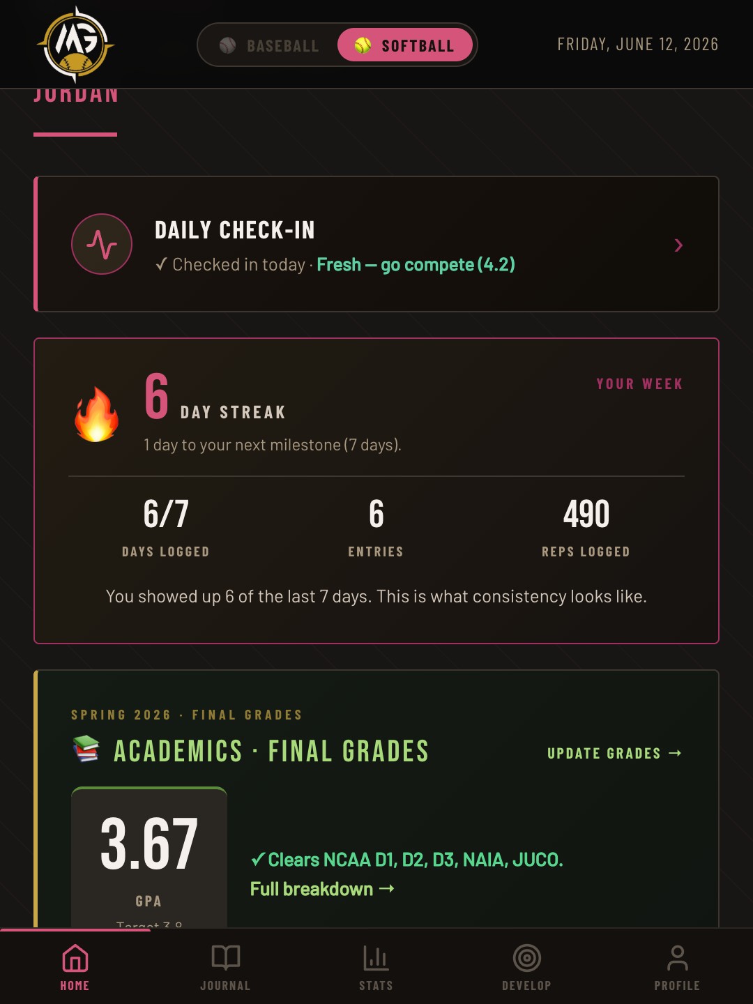 MyGrind dashboard in softball mode with the softball toggle active, a six-day streak, weekly stats, and the daily check-in